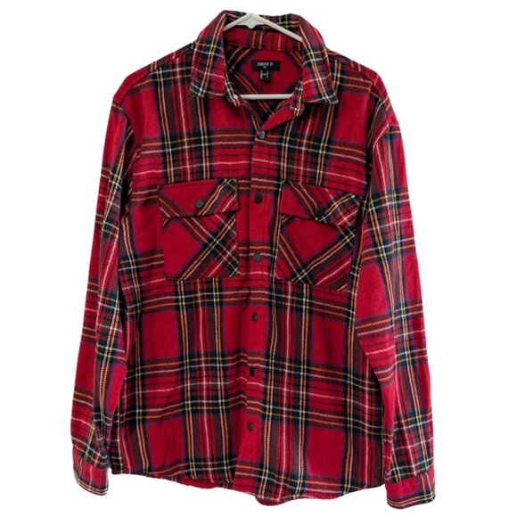 Forever 21 Men's Flannel Long Sleeve Button Down Shirt Jacket, Red Plaid, Large - Picture 1 of 14